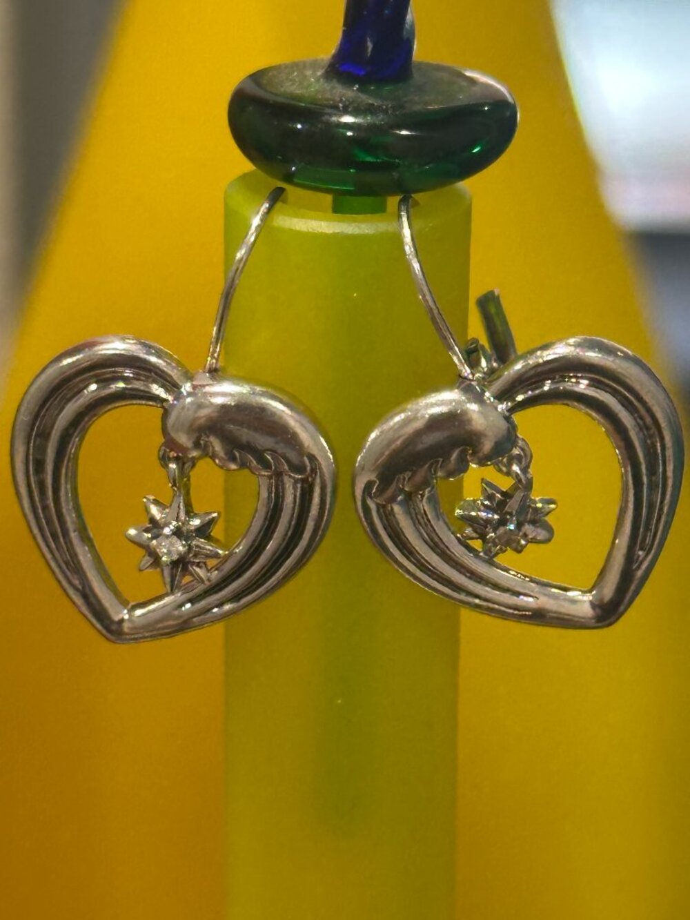 Vintage 925 Silver Heart Dangle Diamond Accent Lever-Back Earrings Signed AD TK
